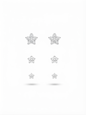 Trio de Brincos com Zircônia em Formato de Estrela em Prata 925 | Kit Delicado para 1º, 2º e 3º Furo