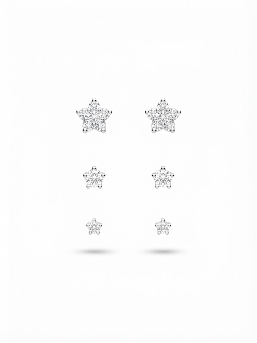 Trio de Brincos com Zircônia em Formato de Estrela em Prata 925 | Kit Delicado para 1º, 2º e 3º Furo