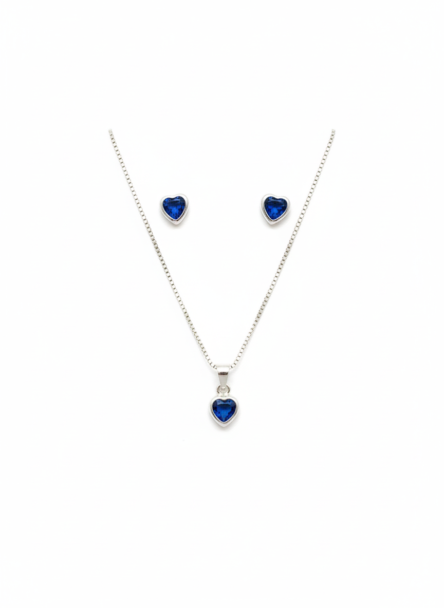 Conjunto Coração Azul em Prata 925 – Colar e Brincos Femininos com Pedra Azul