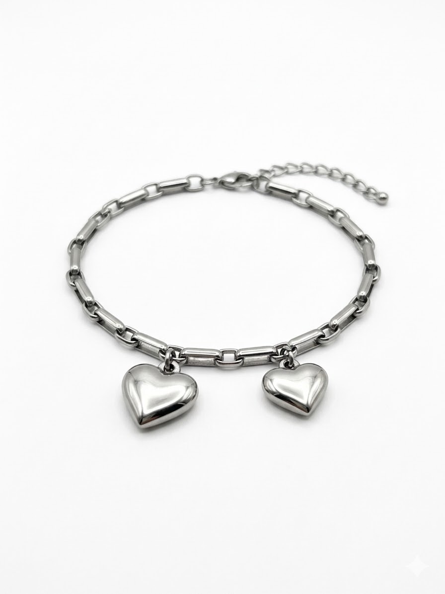 PULSEIRA CORRENTE COM DOIS CORAÇÕES AÇO