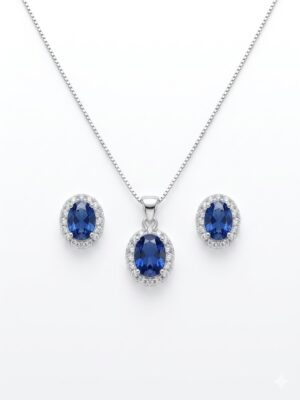 Conjunto Pedra Azul com Bordas de Zircônia em Prata 925 - Colar e Brincos Femininos Elegantes e Marcantes