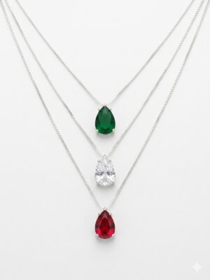 CORDÃO PEDRA GOTA ZIRCÔNIA VERDE, BRANCA E VERMELHO EM PRATA 925