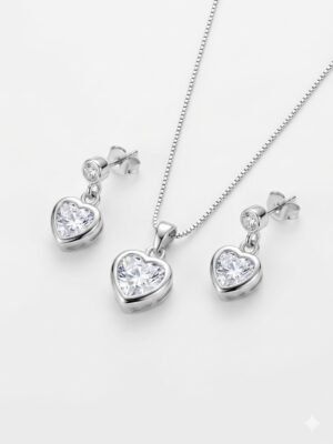 Conjunto Ponto de Luz Formato de Coração em Prata 925 - Colar e Brincos Femininos Delicados, Elegantes e Brilho Sofisticado