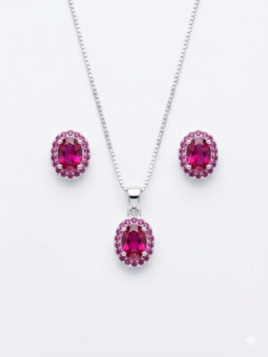 Conjunto Pedras Rosas Oval em Prata 925 - Colar e Brincos Femininos